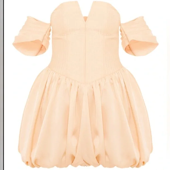 PrettyLittleThing Plus Satin bubble hem PuffBall Bardot Shift Dress NWT 12 fem - Picture 1 of 7